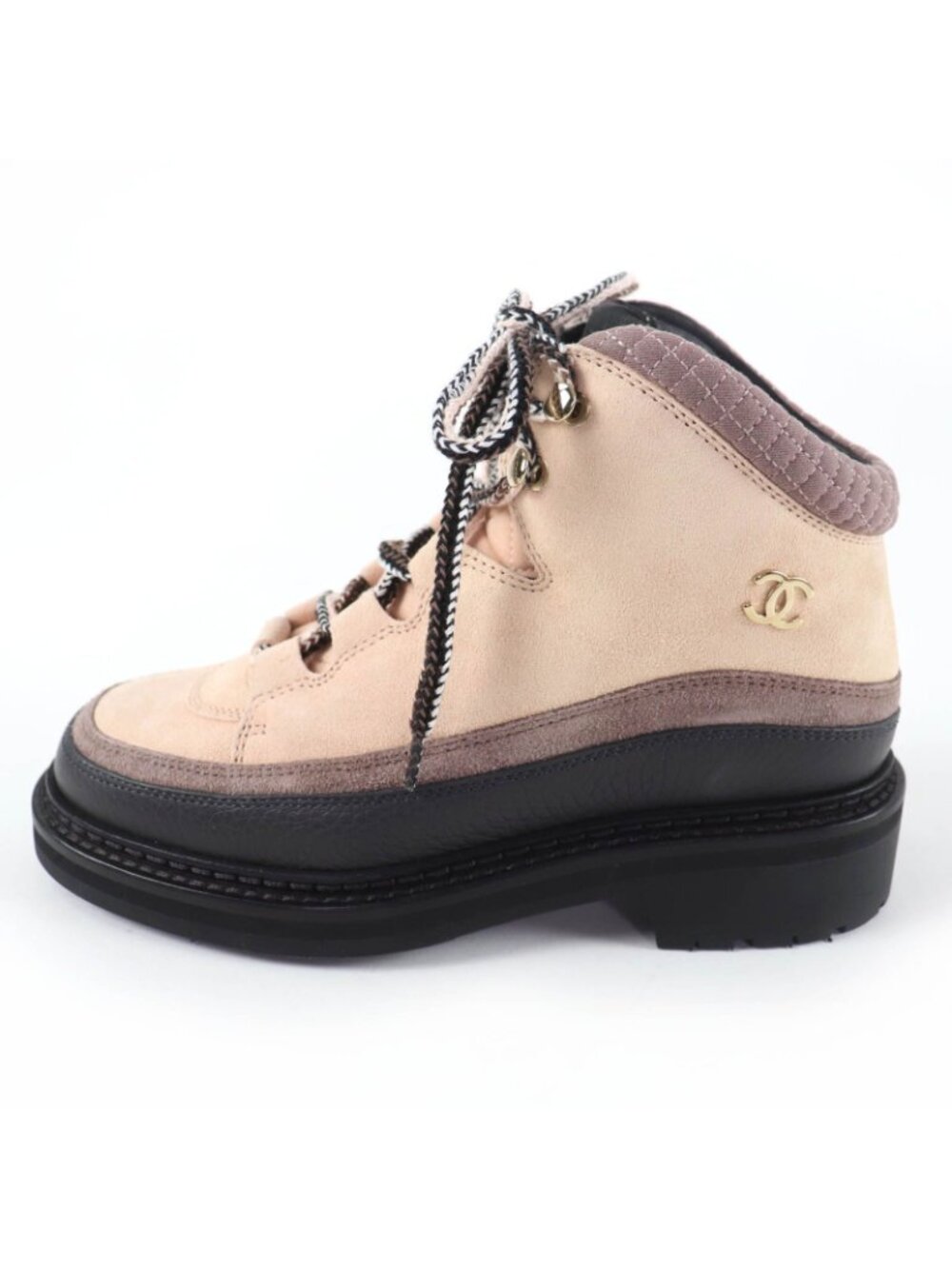 Chanel CC Logo Lace Up Suede Leather High Cut Sneakers Trekking Boots Pink - Picture 5 of 13